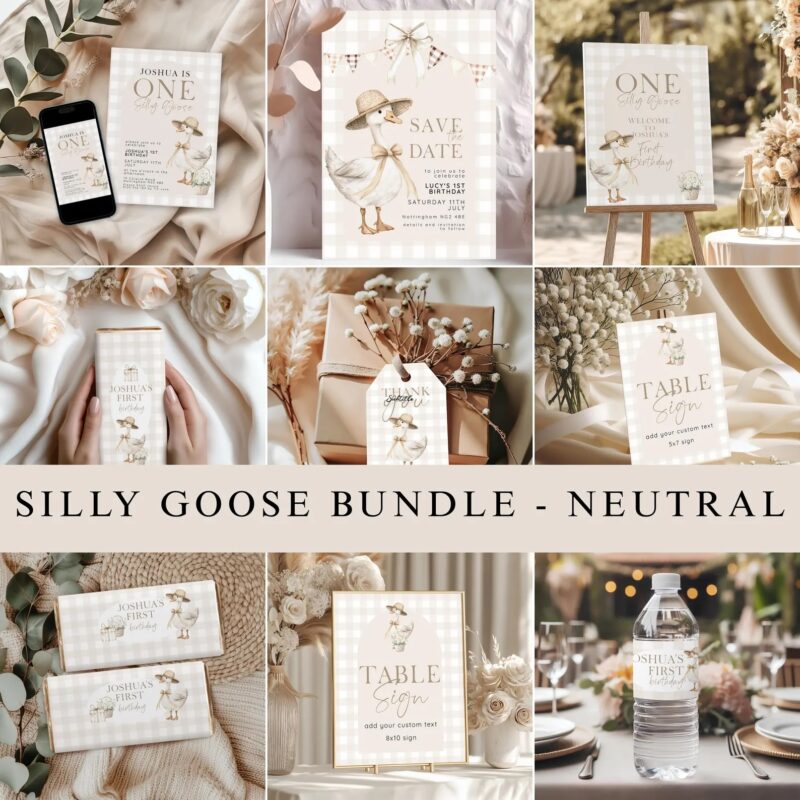 Beige gingham birthday party bundle with goose-themed invite, signage, labels, tags, and wrappers for a neutral 1st birthday