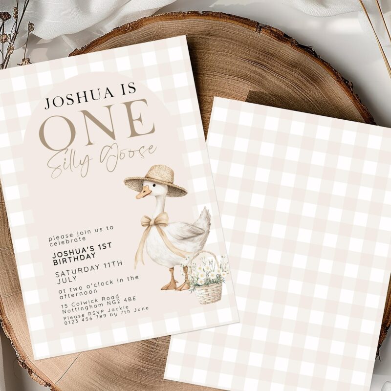 Neutral Silly Goose 1st Birthday Invite – Editable Birthday Invitations