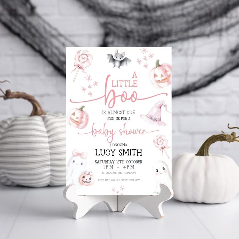 Pink Halloween baby shower invitation with cute ghost, pastel pumpkins, and editable text for a baby girl shower