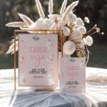 Editable pink Halloween baby shower table signs with ghosts, pumpkins, and pastel decor in 5x7 and 8x10 sizes