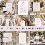 Pink gingham 1st birthday party bundle featuring editable goose-themed invitation, signs, labels, and thank you tag