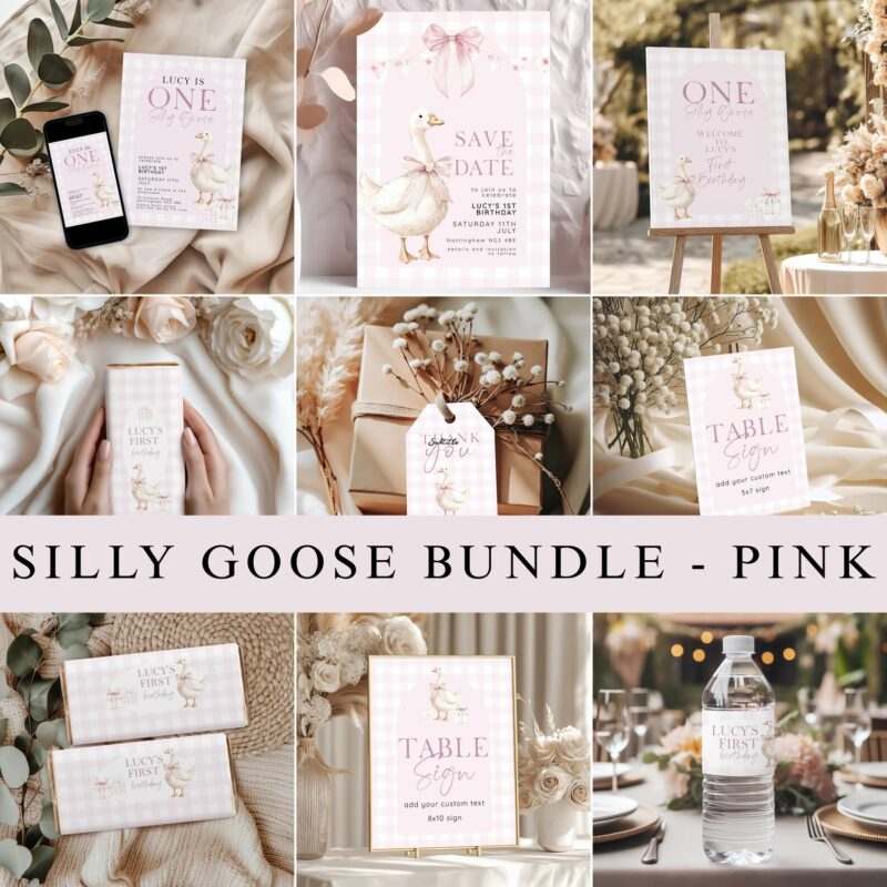 Pink gingham 1st birthday party bundle featuring editable goose-themed invitation, signs, labels, and thank you tag