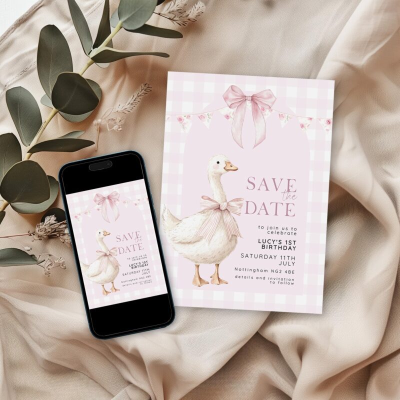 Pink gingham Save the Date card with watercolor goose, bow, and floral bunting for a girl's first birthday