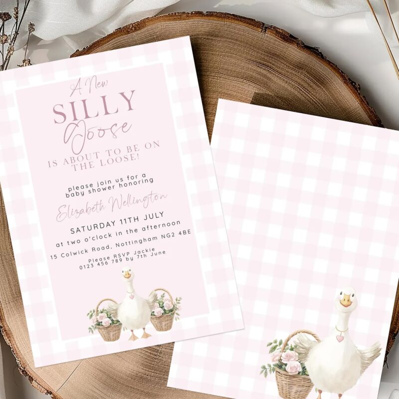 Pink gingham baby shower invitation featuring a smiling goose with floral baskets, shown on wood background with matching back design.