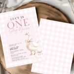 Editable 1st birthday invitation with a watercolor goose and pink gingham background for a girl's birthday party