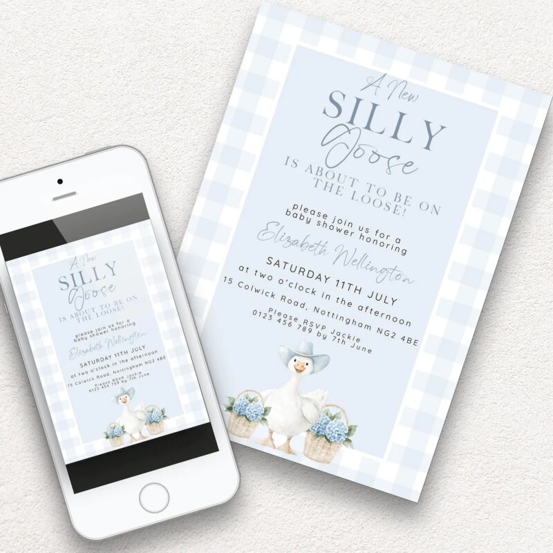 silly goose blue baby shower invite1