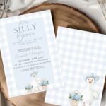 Editable blue gingham baby shower invitation featuring a goose in a blue hat with flower baskets, styled on wood and linen background.