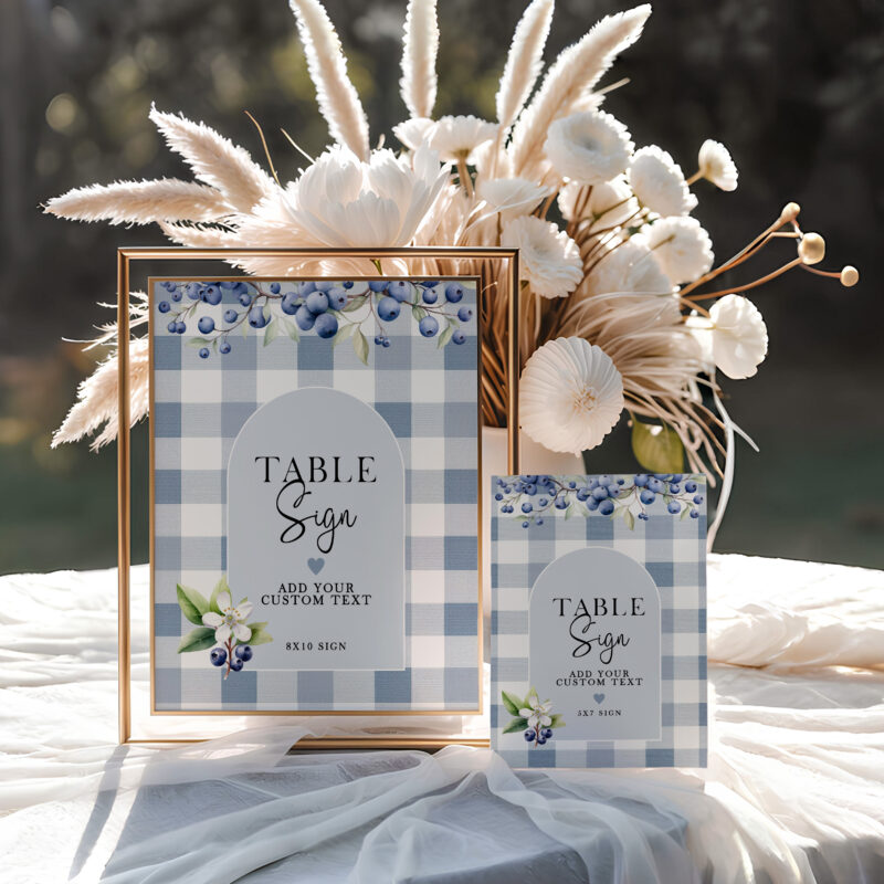 Blueberry Gingham Editable Table Sign Blueberry