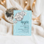 Editable Bride to Be bridal shower invitation with blue wave border and silver disco balls