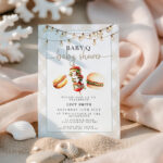 Baby-Q baby shower invitation editable online with Corjl, shown in beach setting