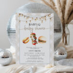 Baby-Q editable baby shower invitation card with disco balls party background