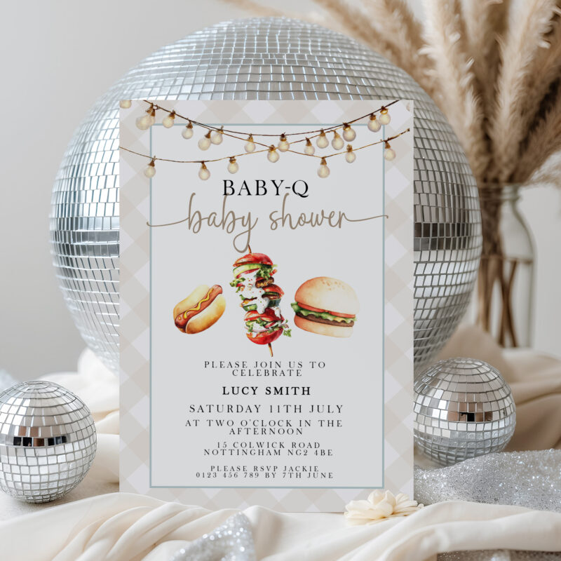 Baby-Q editable baby shower invitation card with disco balls party background