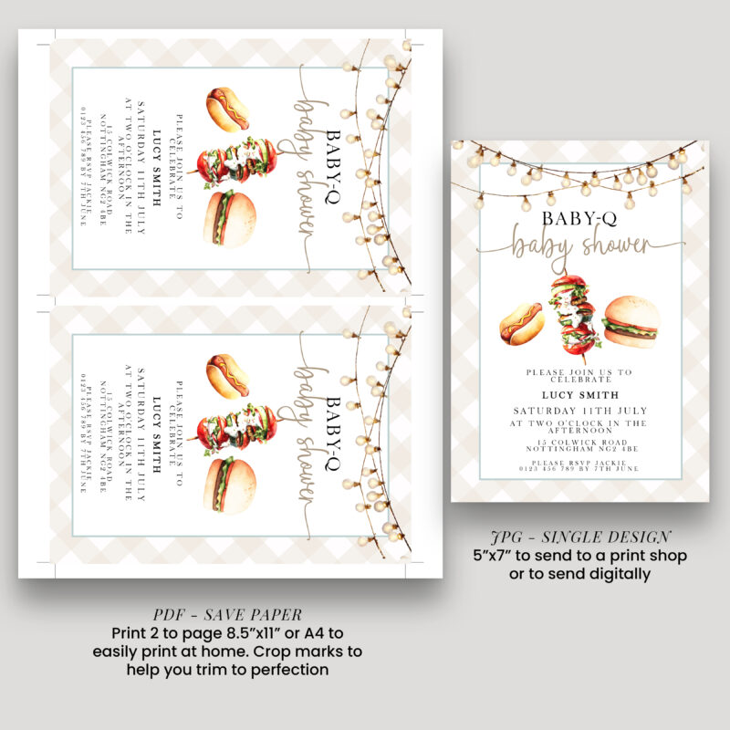 Printable Baby-Q baby shower invitation PDF and JPG layout preview