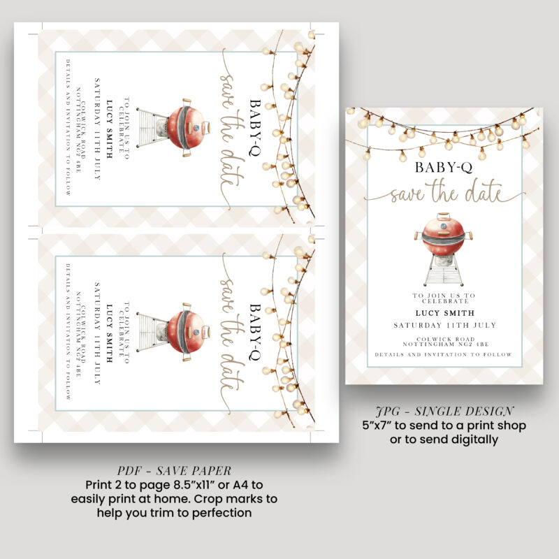 Printable Baby-Q Save the Date PDF and JPG template preview
