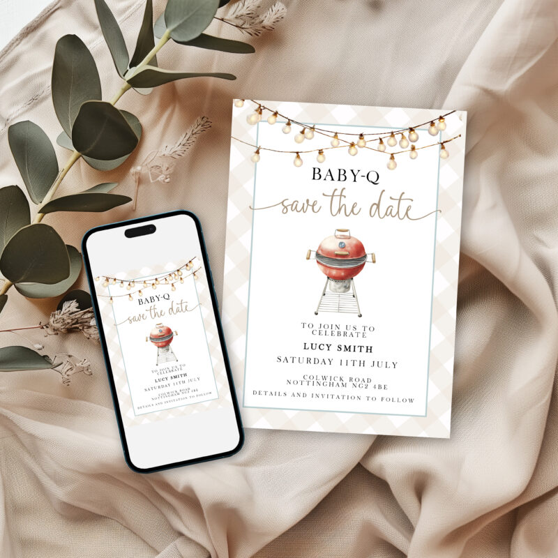 Baby-Q Save the Date invitation displayed next to mobile phone mockup