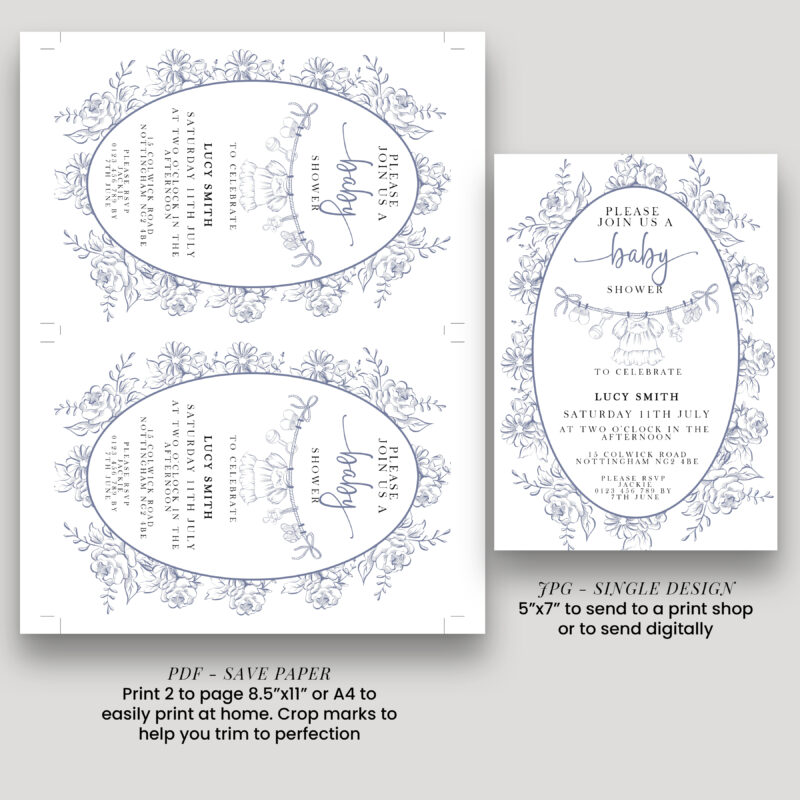 Printable Blue Toile Baby Shower Invitation PDF and JPG