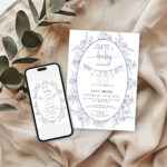 Blue Toile Baby Shower Invitation with phone display