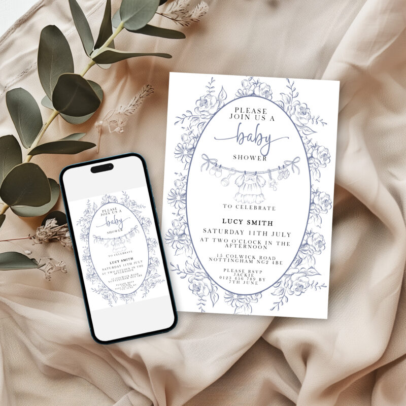Blue Toile Baby Shower Invitation with phone display