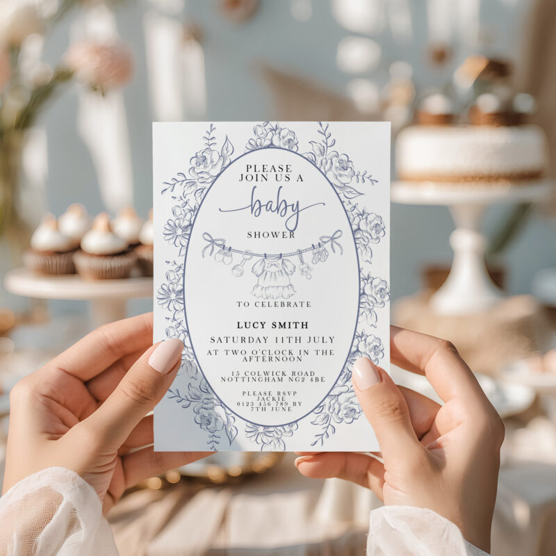 Blue Toile Baby Shower Invitation – Editable Template, Printable 5×7 Baby Shower/Sprinkle