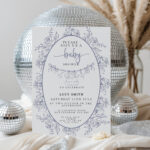 Blue Toile Baby Shower Invitation with disco balls and pampas