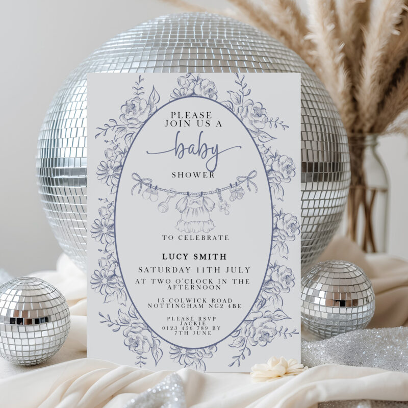 Blue Toile Baby Shower Invitation with disco balls and pampas