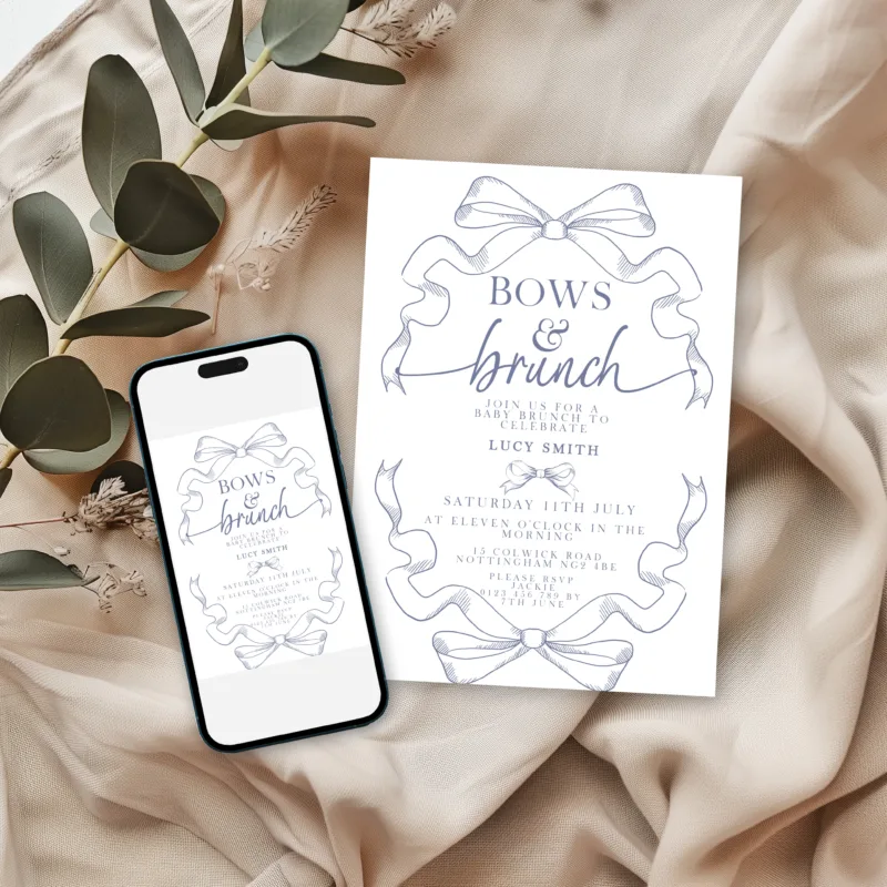 Bows and Brunch baby shower invitation in blue toile with ribbon design, editable in Corjl.