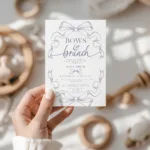 Bows and Brunch baby shower invitation in blue toile with ribbon design, editable in Corjl.