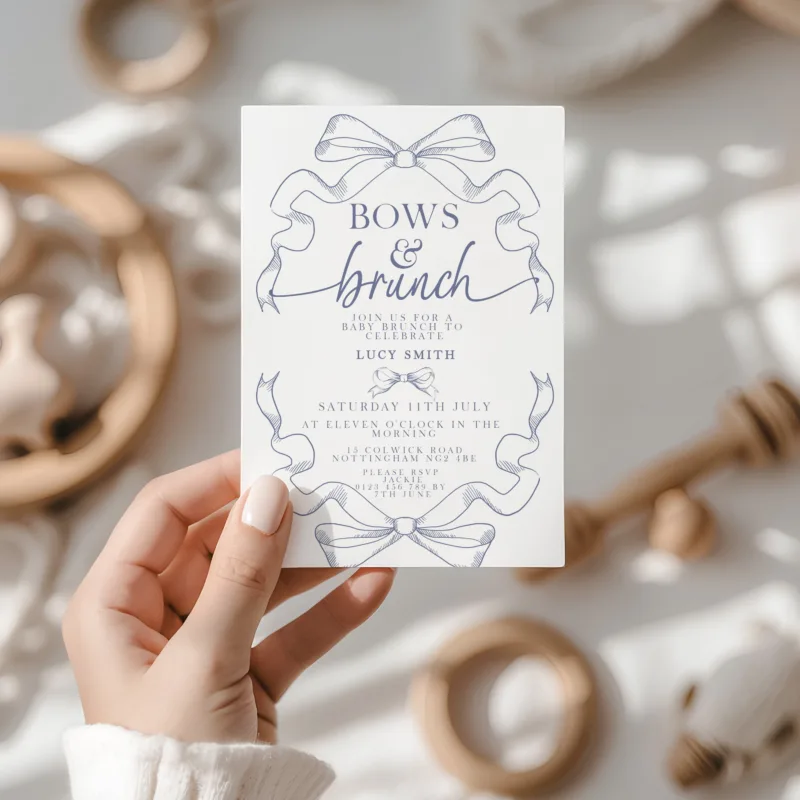 Bows and Brunch baby shower invitation in blue toile with ribbon design, editable in Corjl.