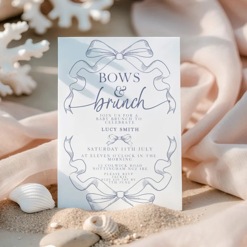 Bows and Brunch baby shower invitation in blue toile with ribbon design, editable in Corjl.