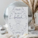 Bows and Brunch baby shower invitation in blue toile with ribbon design, editable in Corjl.