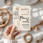 Editable Boots and Cocktails birthday invitation template with hand-drawn cowboy boots and cocktail glass