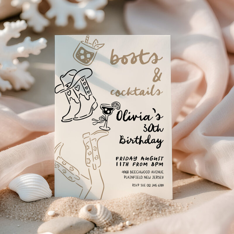 Boots and Cocktails birthday invitation editable online with Corjl, shown in beach setting