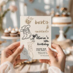 Boots and Cocktails milestone birthday invitation editable online, held in hands at party table