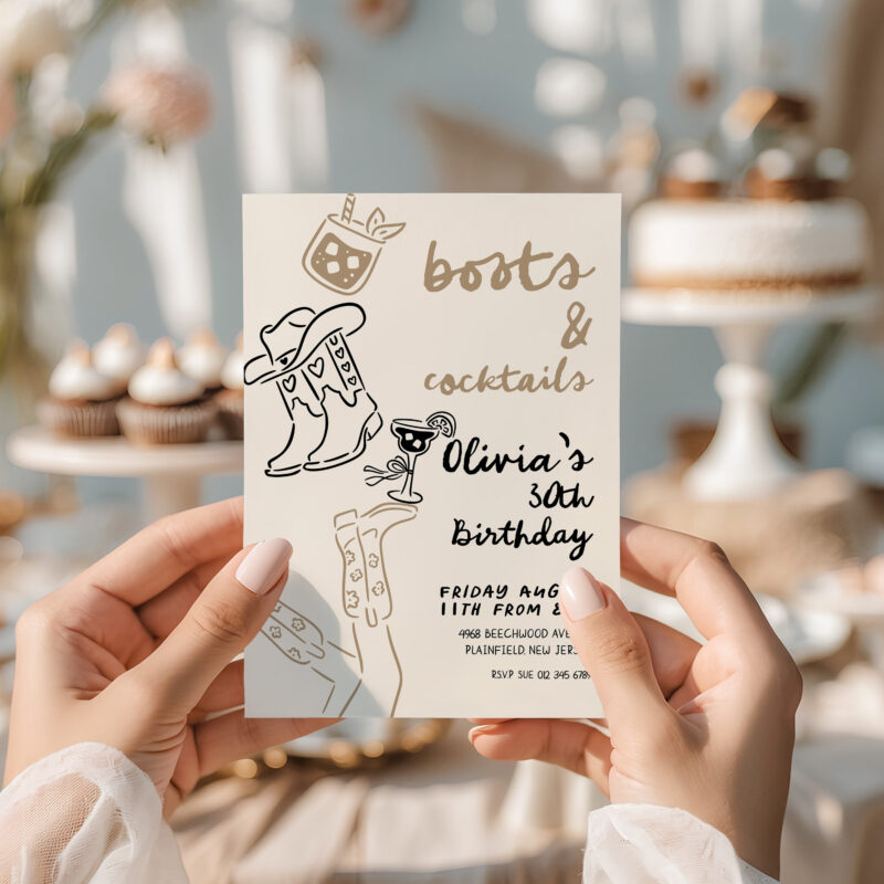 Boots and Cocktails milestone birthday invitation editable online, held in hands at party table