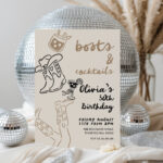 Boots and Cocktails editable birthday invitation card with disco balls party background