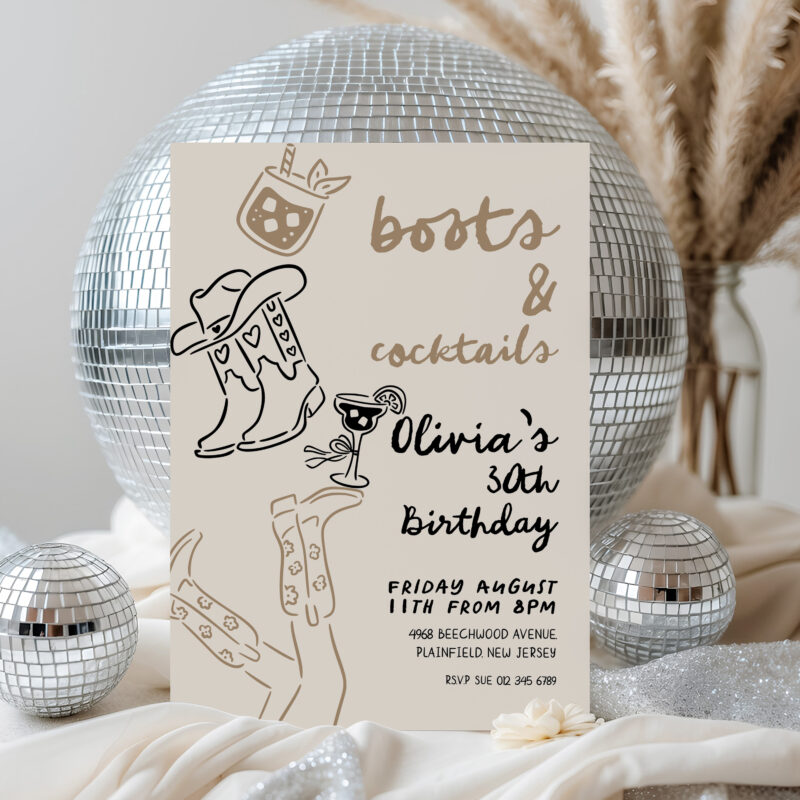 Boots and Cocktails editable birthday invitation card with disco balls party background