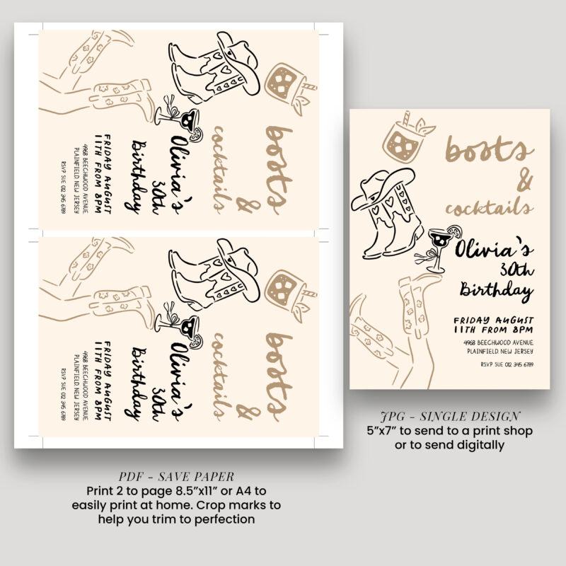 Printable Boots and Cocktails birthday invitation PDF and JPG layout preview