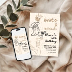 Editable Boots and Cocktails birthday invitation digital mockup with mobile phone and card