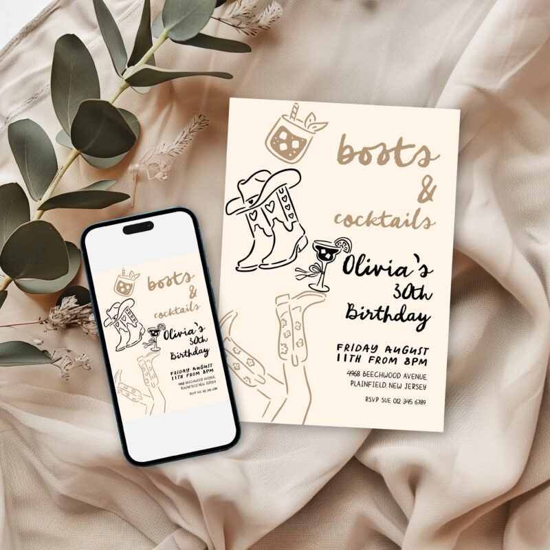 Boots and Cocktails Birthday Invitation – Editable Western Party Invite Birthday Invitations