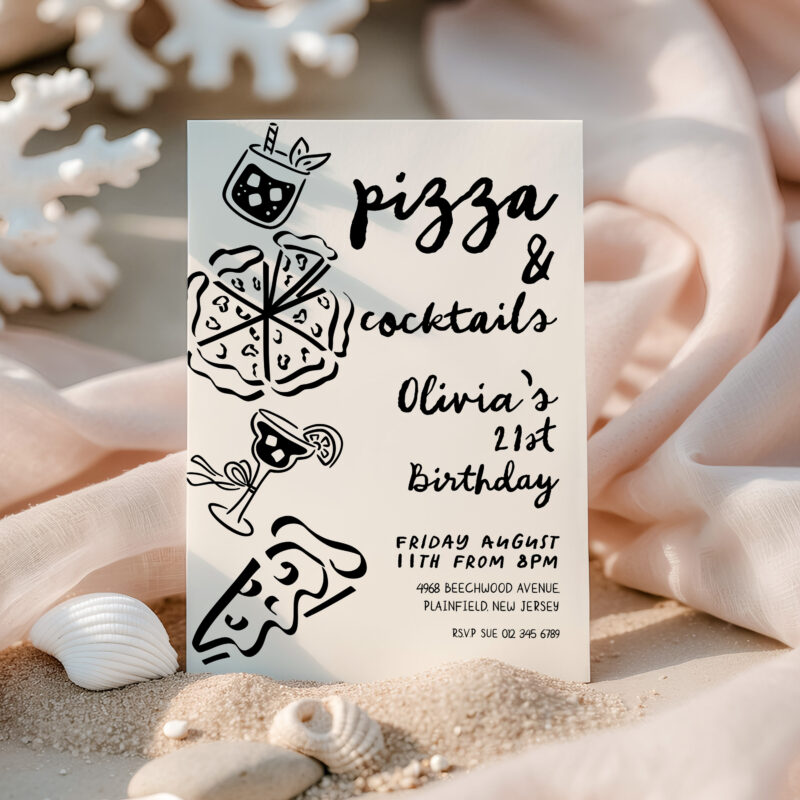 Pizza & Cocktails Invitation – Editable 21st Birthday Template Birthday Invitations