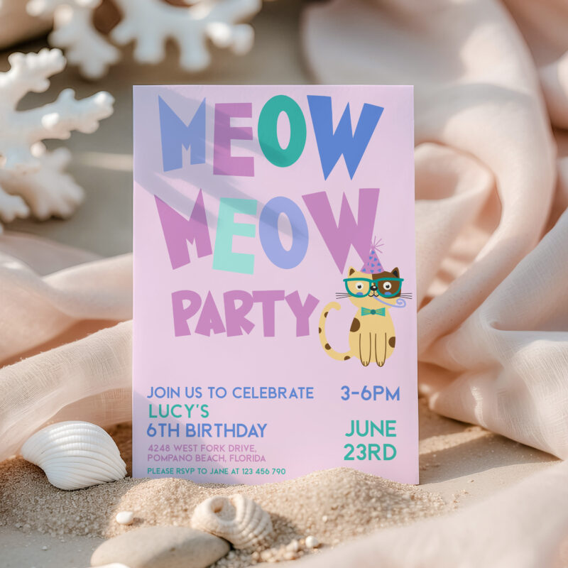 Meow Meow Party Invitation – Editable Cat Birthday Invite for Kids Children's Birthday Invitations