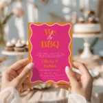 Pink and orange We Do BBQ engagement party invitation with bold wavy border – editable printable template, instant download.