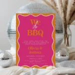 Pink and orange We Do BBQ engagement party invitation with bold wavy border – editable printable template, instant download.