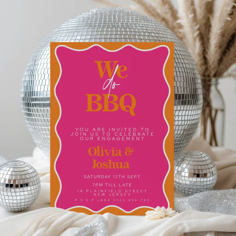 Pink and orange We Do BBQ engagement party invitation with bold wavy border – editable printable template, instant download.
