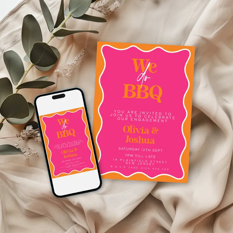 Pink and orange We Do BBQ engagement party invitation with bold wavy border – editable printable template, instant download.