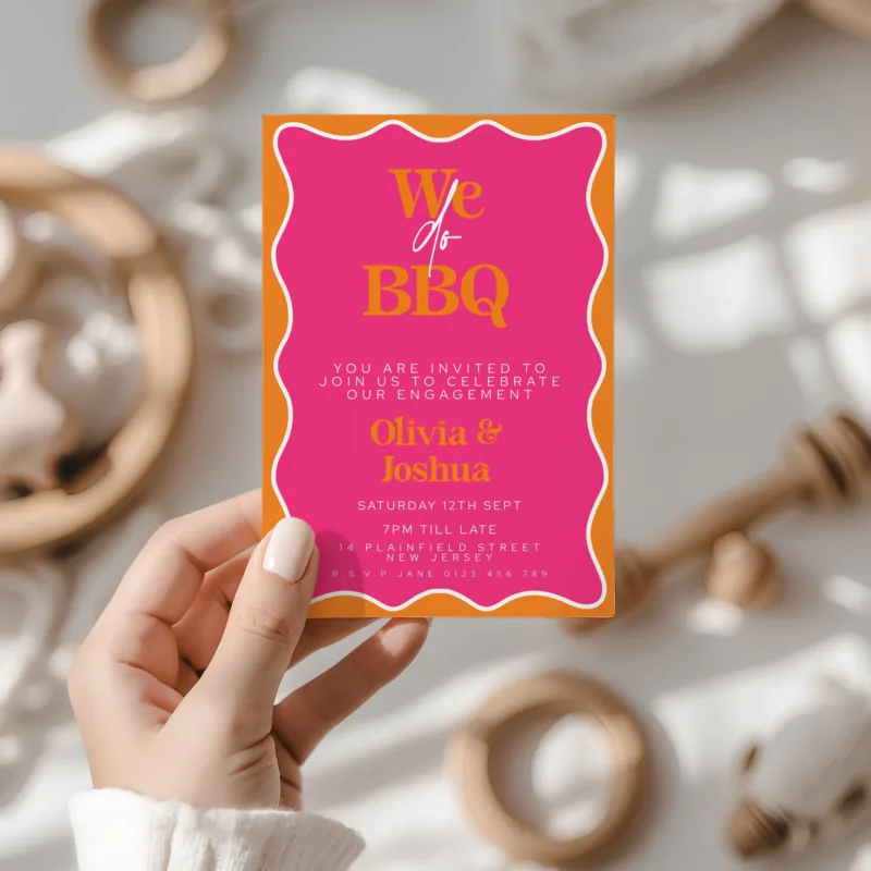 Pink and orange We Do BBQ engagement party invitation with bold wavy border – editable printable template, instant download.