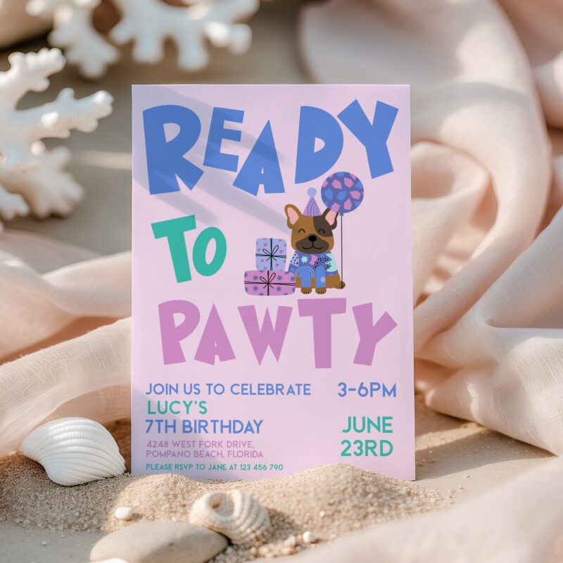 Dog birthday party invitation editable online with Corjl, Ready to Pawty design in beach setting