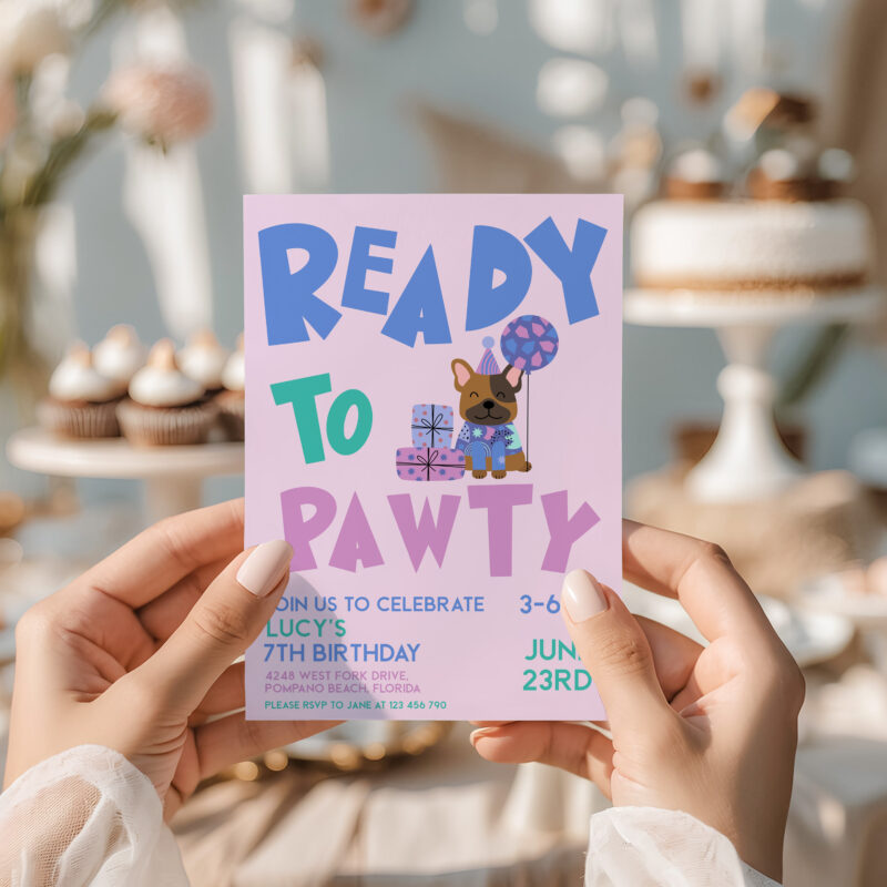 Ready to Pawty kids birthday invitation editable online, held in hands at party table