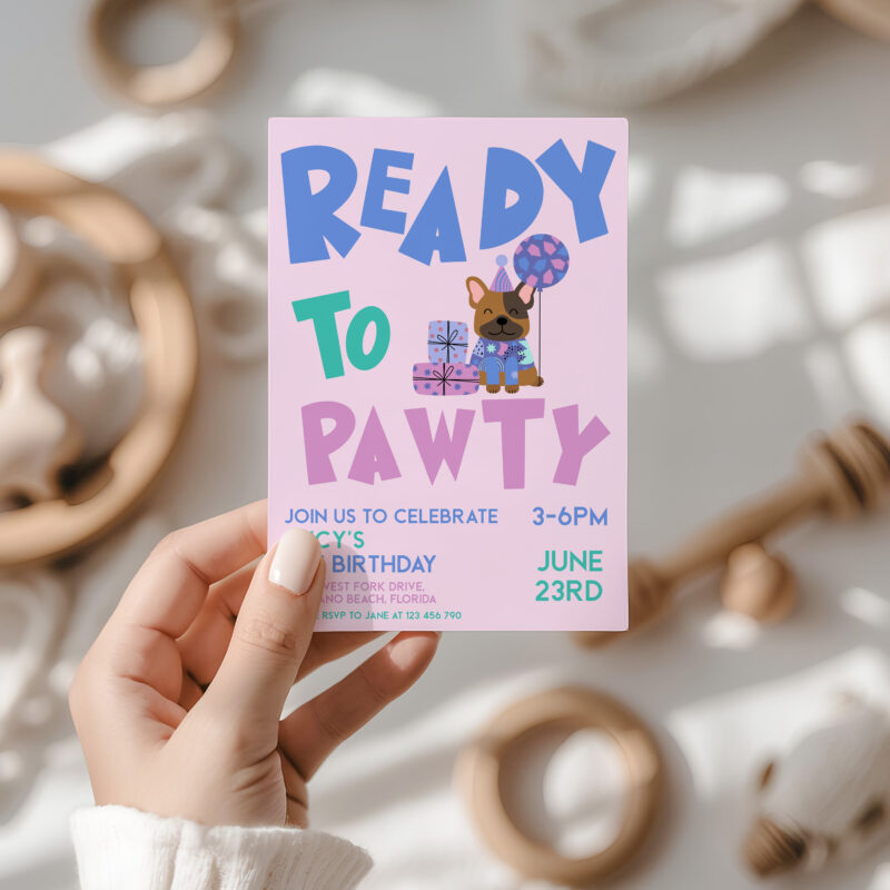 Editable Ready to Pawty dog birthday invitation template with cute cartoon dog holding balloon and gifts