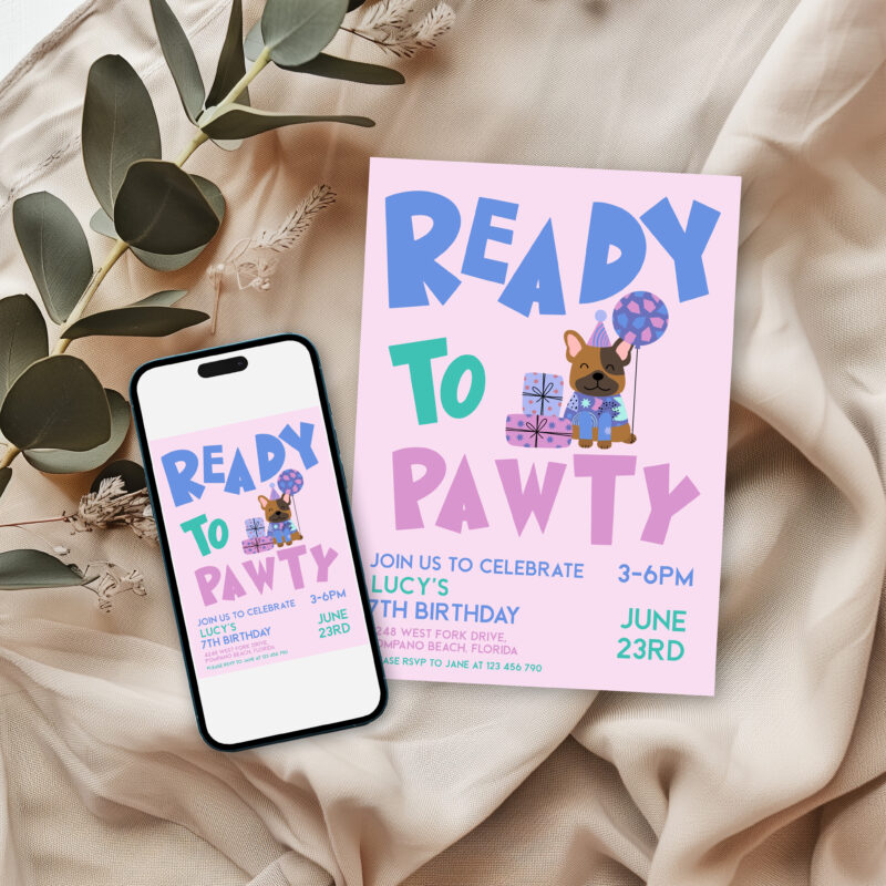 Editable Ready to Pawty dog birthday invitation digital mockup with mobile phone and card